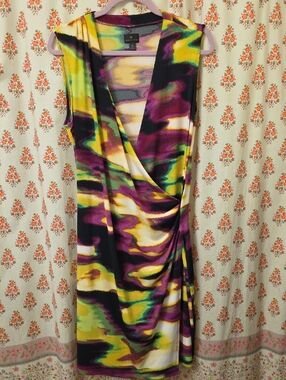 Worthington Sleeveless Midi Dress in Purple, Green & Yellow Abstract Print